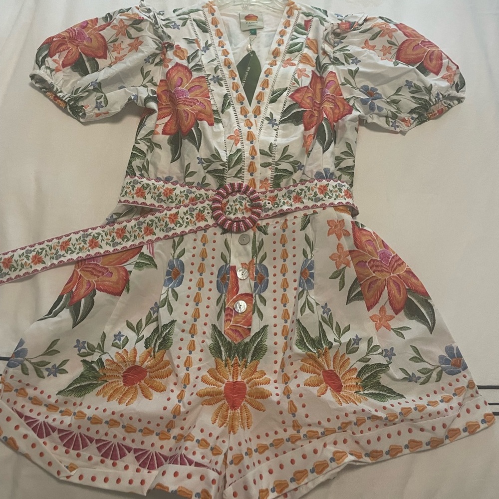 FARM Rio Floral Embroidered Jumpsuit - White, Orange, Green